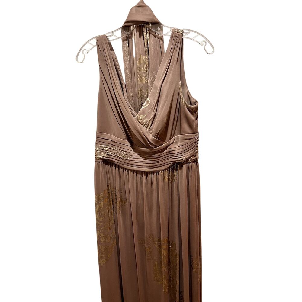 NWOT taupe Patra Foil Print Chiffon Gown with scarf size 14
